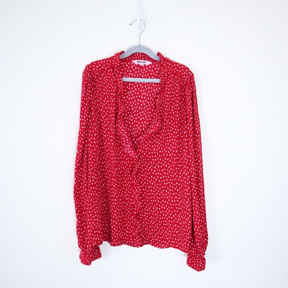 ROLLA’S Size M Lily Blouse Ruffle Trim Long Sleeve Red Pink Mini Tulip Print - Picture 2 of 11